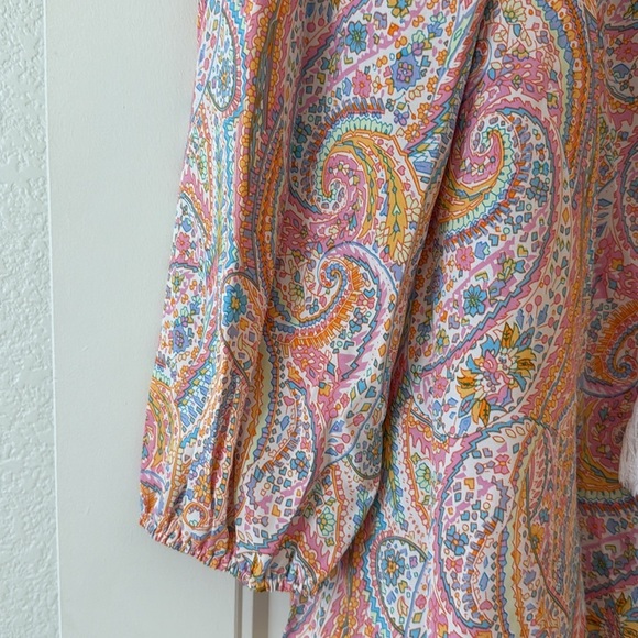 Peacock Pattern Print Tie Neck Lantern Sleeve Blouse Peplum Top - Picture 4 of 8